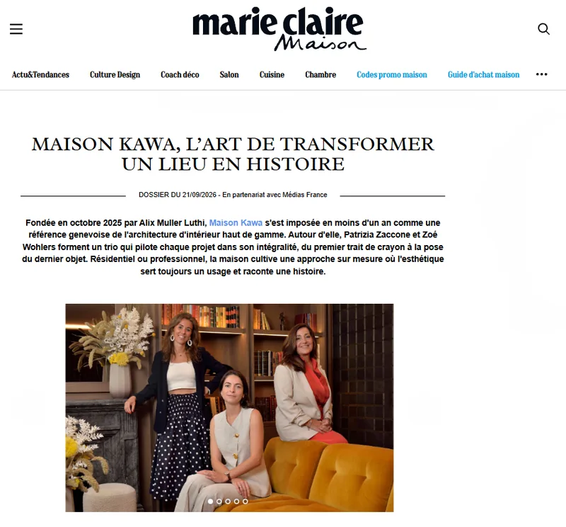 Article Marie Claire Maison consacré à Maison Kawa